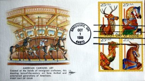 carousel The first set of carousel stamps had illustrations of a deer, an armored horse, a camel and a goat all popular merry-go-round animals. All four stamps are on this cachet which has artwork of a carousel. First day covers are also available of each individual animal with the cachet artwork reflecting that animal.