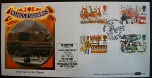 chipperfield The name Chipperfield is famous in England. The Chipperfield Circus traces its roots to James Chipperfield, who introduced trained animals at the Frost Fair in England in 1684. These four stamps and the colorful cachet celebrate the 300th anniversary of that event. Notice that the London postmark includes the name Chipperfield.