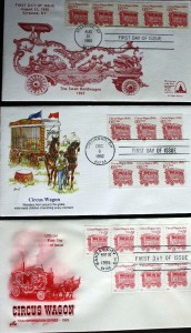 circuswagonfdc These three envelopes show the three different cities and dates for the first day of issue cancellations. FDCs like these are less than $5 and can often be found in stamp stores for 50 cents or $1.