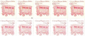 circuswagonstamps The circus wagon stamp was issued in large coils so you can collect strips of the stamp. These stamps are valued at 7 cents each.