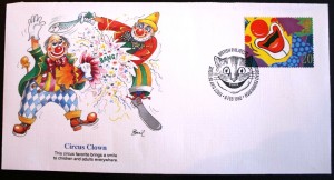 clown fdc Clown images are frequently seen on stamps. This first day cover of a clown smile was cancelled in Edinburgh, UK in 1990.