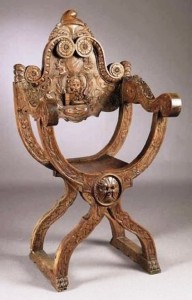 dant3 This Dantesca-type savonarola chair, made during the late-19th through the first quarter of the 20th century, does not fold as the original versions did.