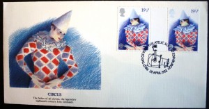 harlequin Printers of cachet envelopes don’t always get their facts right. In 1982 England issued a set of four stamps of the British Theatre. This stamp was titled Harlequin. The printer of the envelope decided to turn the Harlequin into Joseph “Joey” Grimaldi (1778-1837) even though the image on the envelope looks nothing like known images of Grimaldi. The real Grimaldi was English and is thought to have been the first whiteface clown. Today the word “Joey” is circus lingo for clown.