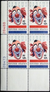 loustamp To circus collectors this is known as the Lou Jacobs stamp. Plate blocks of four of this stamp sell for $5 or less. You can often find a full sheet of the stamp for less than $10.