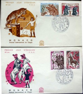monaco fdc1 These first day cover envelopes have the seven Monte-Carlo Circus Festival stamps from the premiere year in 1974.