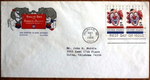 rbbbcircustamp The post service gives instructions that allow you to send your own envelope or postcard and receive it back with a first day cancel. This can result in many variations and often a one of a kind FDC. The only cost of these covers is the cost of the postage. This FDC was created using an old engraved Ringling Bros. and Barnum & Bailey envelope with the Chicago office address.