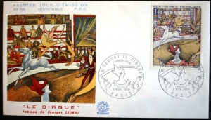 seraut Artist Georges Seurat (1859-1891) created several circus themed paintings in his final years. “The Circus” was painted in 1891 but was unfinished when he died. In 1969 France issued a stamp of the painting. This first day of cancellation envelope features the Seurat painting. The envelope was cancelled on November 8, 1969.