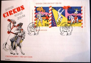 sweden This first day cover was cancelled in Stockholm, Sweden in 1987 to celebrate the 200th anniversary of the circus in Sweden. The stamp on the right pictures Susanne Svenson performing her ballerina on horseback. Together with her husband Carlos Svenson, the pair have performed their act all over Europe and in the American Big Apple Circus, Circus Flora and Ringling Bros. and Barnum & Bailey.