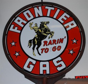 Frontier Gas This Frontier Gas “Rarin' to Go” double-sided porcelain sign, one of only two known, sold for $26,400—more than three times the pre-auction estimate—at sale facilitated by Matthews Auctions on May 15-16, 2010.