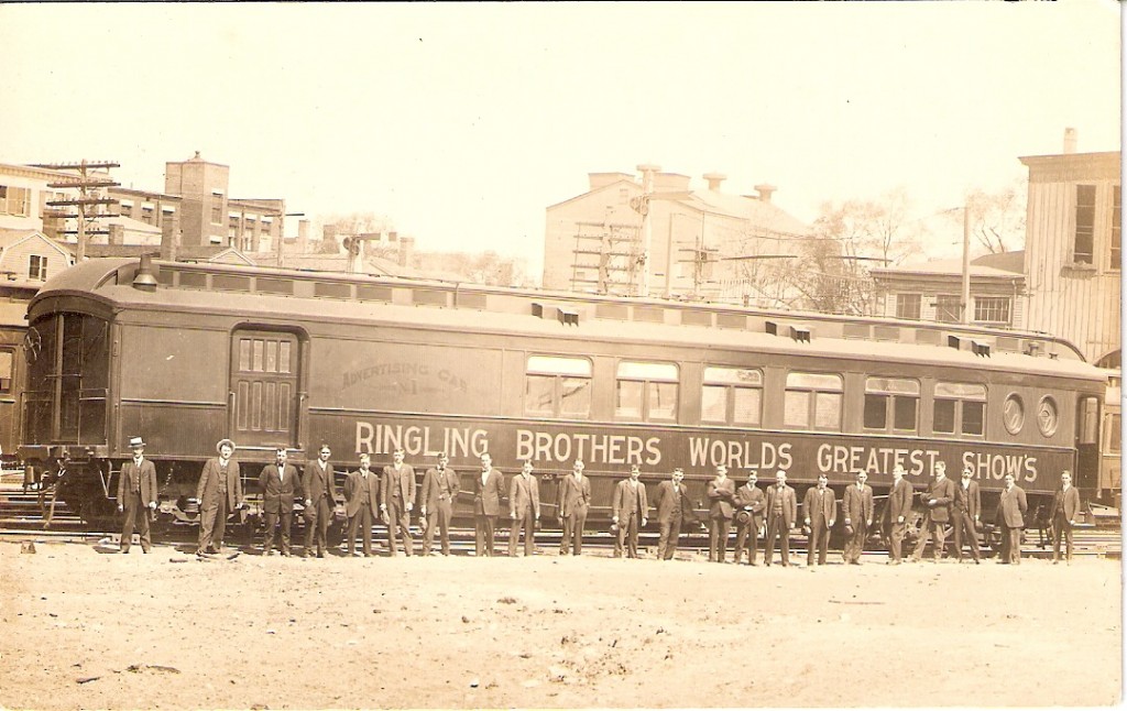 ringling advertising car This real photo postcard shows an Advertising Car for Ringling Bros. World’s Greatest Shows. The year is prior to 1919 when Ringling Bros. was combined with Barnum & Bailey. There were 22 men assigned to this car.