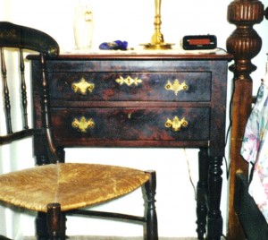 Federal work table 2 This Federal era work table circa 1810-1820 has a couple of hardware problems. The top left drawer pull is upside down. The escutcheon on the top drawer is from a much later period, after mid century. Federal tables normally only have key surrounds, not escutcheons.
