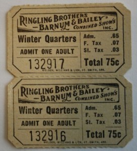 RBBB WQ ticket Ringling Bros. and Barnum & Bailey’s Sarasota Winter Quarters was a major Florida attraction during the winter months. Value of this ticket is $10-15.
