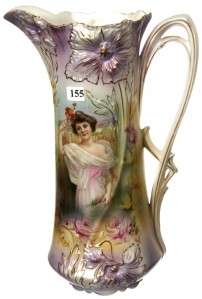 Tall tankard This 13 ¼-inch R.S. Prussia carnation mold tall tankard, white and lavender satin finish, is among the items up for bid in a sale hosted by Woody Auction on July 24, 2010.