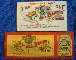 al g barnes passes Two different types of passes to the Al G. Barnes Big 4 Ring Wild Animal Circus feature a colorful illustration of a lion riding a horse. Value $15-20 each.
