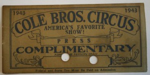 cole bros pass Note the two holes punched in this 1943 Cole Bros. Circus press pass valued at $15-20. Holes were frequently punched in passes to distinguish them from paid tickets. The hole was a reminder of Wild West star Annie Oakley and her ability to shoot a hole in a playing card. That’s why a circus pass is known to show people as an Annie Oakley.