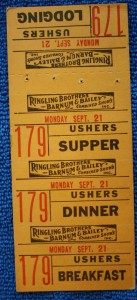 employee tickets Workers on the show were given books of tickets to be used for meals and lodging. This strip of tickets was for an usher to use on Monday, September 21, 1953. There was a perforation between each ticket. Value for a complete strip is $15-20.