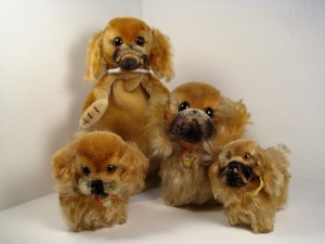 pekys Steiff’s Peky Pekingese, produced from 1953-77 in 8, 10, 14 and 22 cm , and rare 18-cm Peky hand puppet from 1963-64.