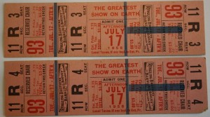 rbbb july 17 These tickets are a sad reminder of a performance that was never held. They are reserved seat tickets for the July 17, 1956 matinee of Ringling Bros. and Barnum & Bailey. Unfortunately, the show gave its final big top performance the night before in Pittsburgh, Pa. John Ringling North announced “The tented circus as it exists today is, in my opinion, a thing of the past.” Value is $40-50 per ticket. Many other 1956 tickets with different dates regularly show up for auction and bring $15-25.