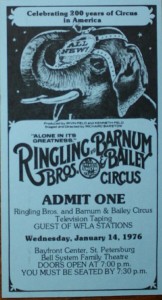 rbbbtvticket For many years Ringling Bros. and Barnum & Bailey taped their annual TV special at the Bayfront Center Arena in St. Petersburg, Florida. This ticket was for admission to the 1976 performance. Value is $5 or less.