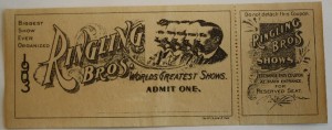 ringling 1903 ticket Ringling Bros. World’s Greatest Shows issued this pass in 1903 before Ringling combined with Barnum & Bailey in 1919. A similar Ringling Bros. pass for the year 1905 sold in an online auction in 2007 for $77.50.