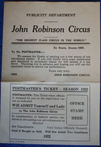 robinson postmaster pass The publicity department of John Robinson Circus issued passes like this to U.S. Postmasters around the country for their assistance in distributing advertising matter. Note that the pass is for the Postmaster and a lady (It will not admit two gentlemen). Value $10-15.