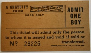 working boy ticket Contrary to popular belief, local boys did not carry water for the elephants. But there were a number of jobs they could perform to earn a ticket to the circus. Value of this ticket is $10-15.