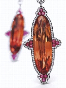Imperial Topaz, Ruby and Diamond Ear Pendants