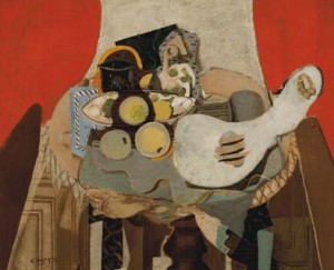 Nature morte à la guitare (rideaux rouge)