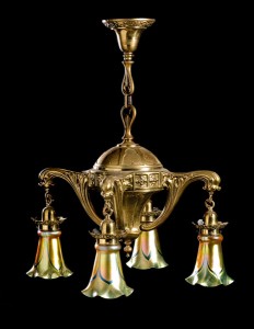 Four Arm Arts & Crafts Style Electric Chandelier with pulled feather gold aurene