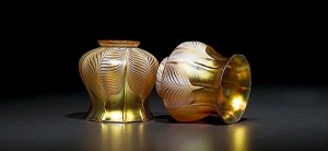 Pair of Quezal Ribbed Gold Aurene Pulled-Feather Shades