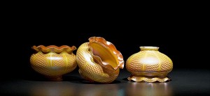 Three Steuben ovoid pulled lace pattern shades
