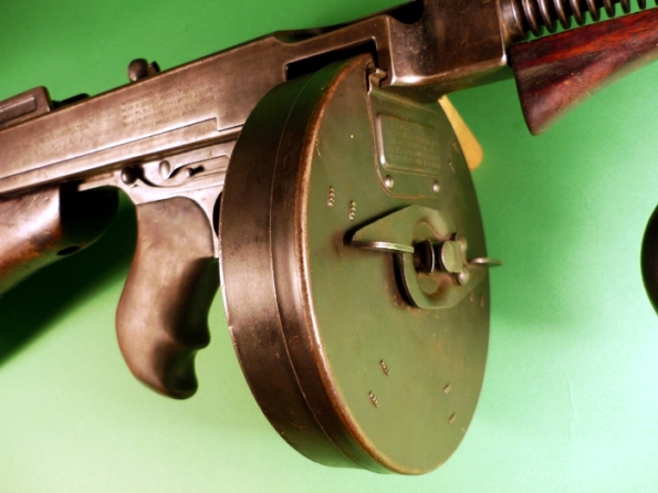 Closeup view of the barrel portion of the Thompson Tommy gun 