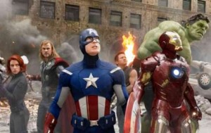 A shot from the big-budget superhero epic, The Avengers. Black Widow, Thor, Captain America, Hawkeye, Iron Man and Hulk prepare