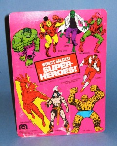 A view of the back of the card packaging for the Incredible Hulk 8 inch figure released by Mego Corp. in 1979. Shown are the ot