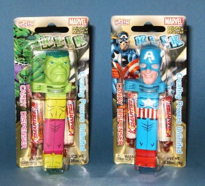 These Incredible Hulk and Captain America Klik candy dispensers were released by Au'some Candies Inc., in 2002.
