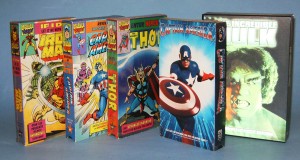Various examples of Marvel super heroes on home video - Iron Man, Captain America and Mighty Thor 1966 cartoons; Captain Americ