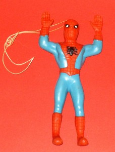 A six-inch Spider-Man rubber jiggler figure. This Ben Cooper-styled jiggler was released in the early-mid 1980s, but the manufa
