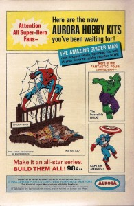 A vintage 1966 ad for Spider-Man, Hulk and Captain America model kits, manufactured by Aurora Plastics Corp. An original, unbui