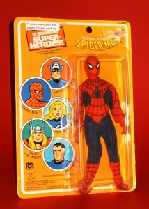 An eight-inch Amazing Spider-Man figure (on French Canadian card), released by Mego Corp. in 1979. Earlier releases of the figu
