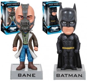 A set of Dark Knight Rises Batman and Bane Wacky Wobbler bobblehead figures, recently released by Funko. The figures sell for $