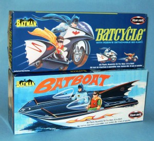 Batman TV series Batcycle and Batboat model kits, released by Polar Lights-Playing Mantis in 2003. Reproductions of ones issued