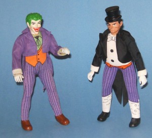 Joker and Penguin eight inch figures release by Mego Corporation in 1973. Loose condition figures like these fetch $40- $60 api