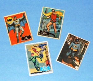 Several 1960s Batman trading cards, manufactured by Topps Chewing Gum Corp. The image of Adam West is taken from the 1966 Batma