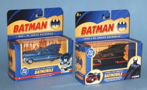 These 1940s and '50s-styled die-cast model Batmobiles were released by Corgi Classics Ltd. in 2004-05. Value $15 each approx.