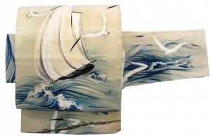Hand painted sailboat and gull nagoya obi