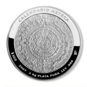 aztec calendar silver proof, $100, 2007, $3100