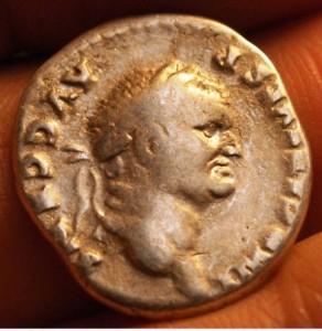 Silver Denarius of Vespasian Sear 2305, Rome 73 AD obverse