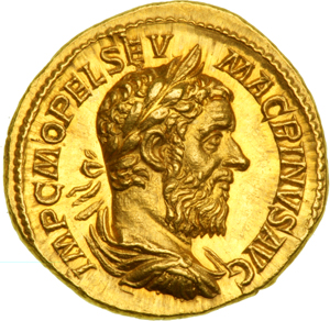 Emperor Macrinus gold coin 218 AD, $92,500