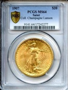 1907 $20 Saint Gaudens No Motto, PCGS MS64