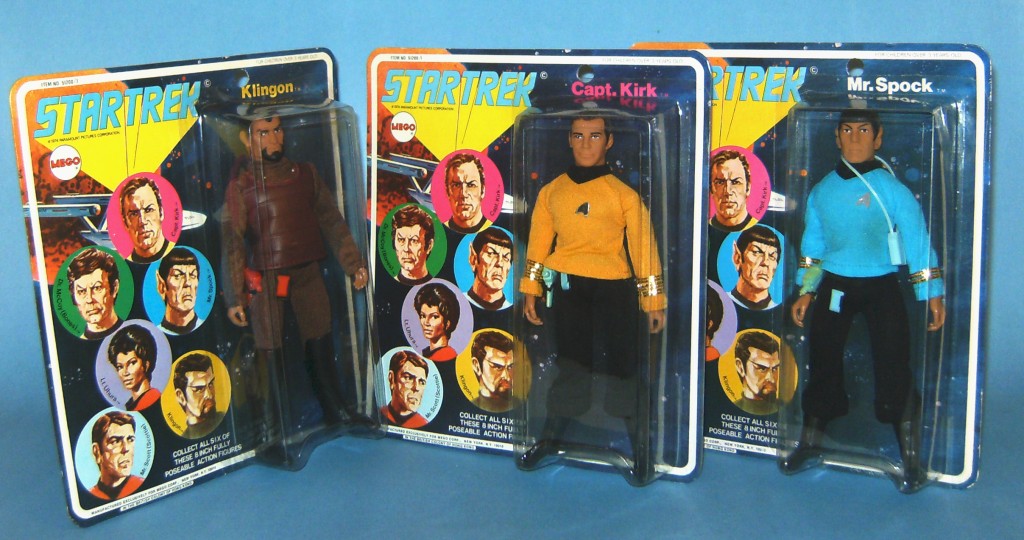 Mego Corp. enjoyed great success with its line of “Star Trek” 8-inch action figures. These Capt. Kirk, Mr. Spock and Klingo